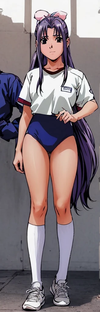 Momoko Koigakubo, with her beautiful legs, stands in a white gym uniform and light navy blue bloomers that look like panties.。