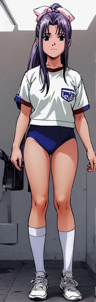 Momoko Koigakubo, with her beautiful legs, stands in a white gym uniform and light navy blue bloomers that look like panties.。