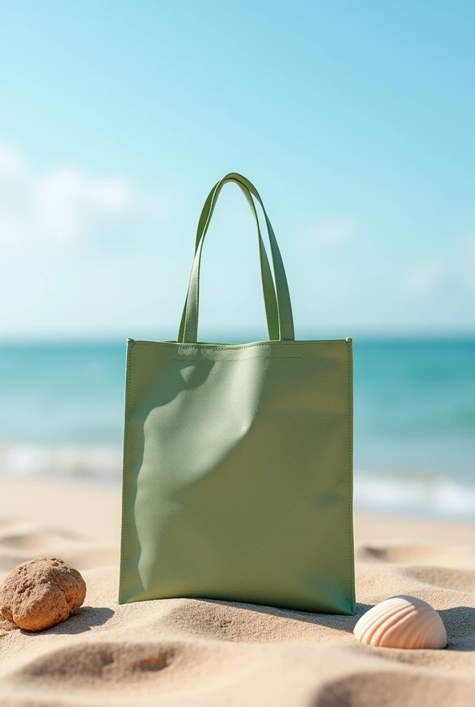 Feature a high-quality image of the EcoTote against a backdrop of a serene beach, highlighting its sleek design and vibrant color. Include a close-up of the bag’s texture to showcase its recycled material, paired with a few beach elements to reinforce its eco-friendly origin.
