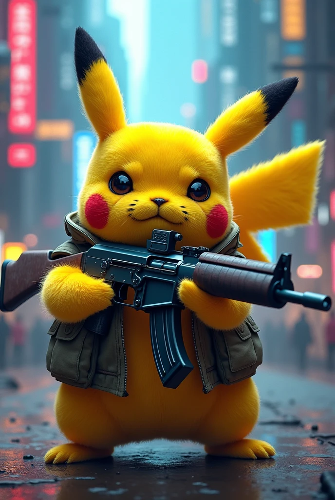 PIKACHU HOLDING AN AK47 IN A UTOPIAN CYBERPUNK ENVIRONMENT
