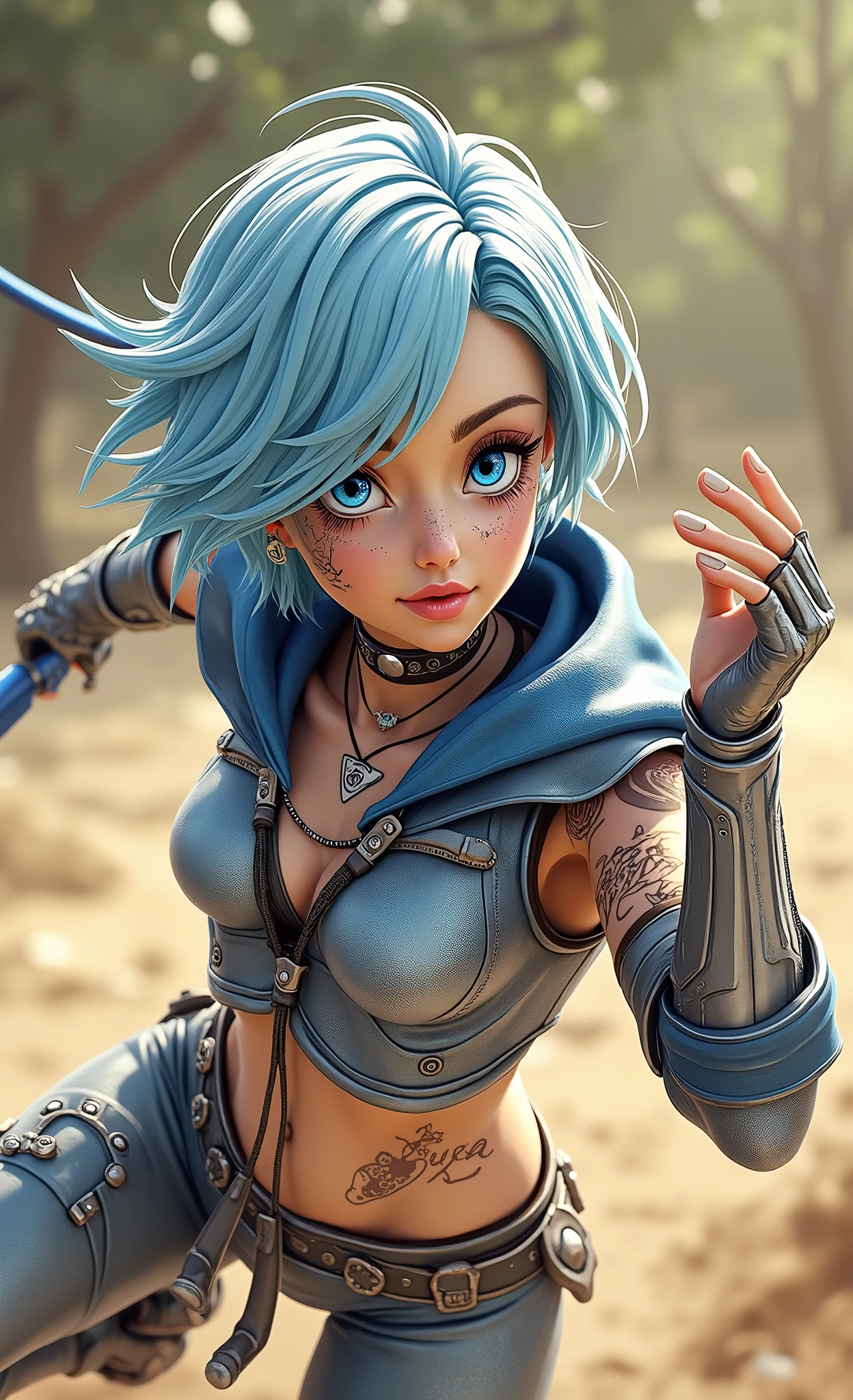 Captured from a low-angle perspective, a female warrior is depicted in a close-up shot. She is dressed in a metallic outfit, adorned with a blue hoodie and silver gloves. Her hair is styled in a short bob, adding a pop of color to her face. Her eyes are a piercing blue, and her lips are a darker pink. Her skin is covered in a pattern of black and white, while her hair is a light blue. She has a tattoo on her chest. Her left hand is raised, and she is holding a blue sword in her right hand. The background is blurred, suggesting a natural setting.
