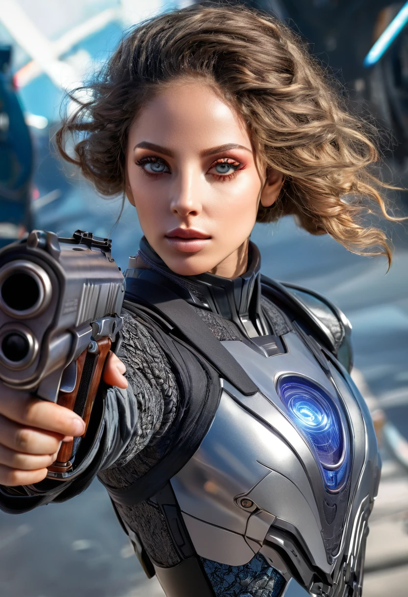 realistic goddess, highly detailed portrait, 1 woman, beautiful detailed eyes, beautiful detailed lips, extremely detailed face and skin, intricate detailed clothing, futuristic gun, dramatic lighting, cinematic composition, photorealistic, 8k, hyperdetailed, masterpiece