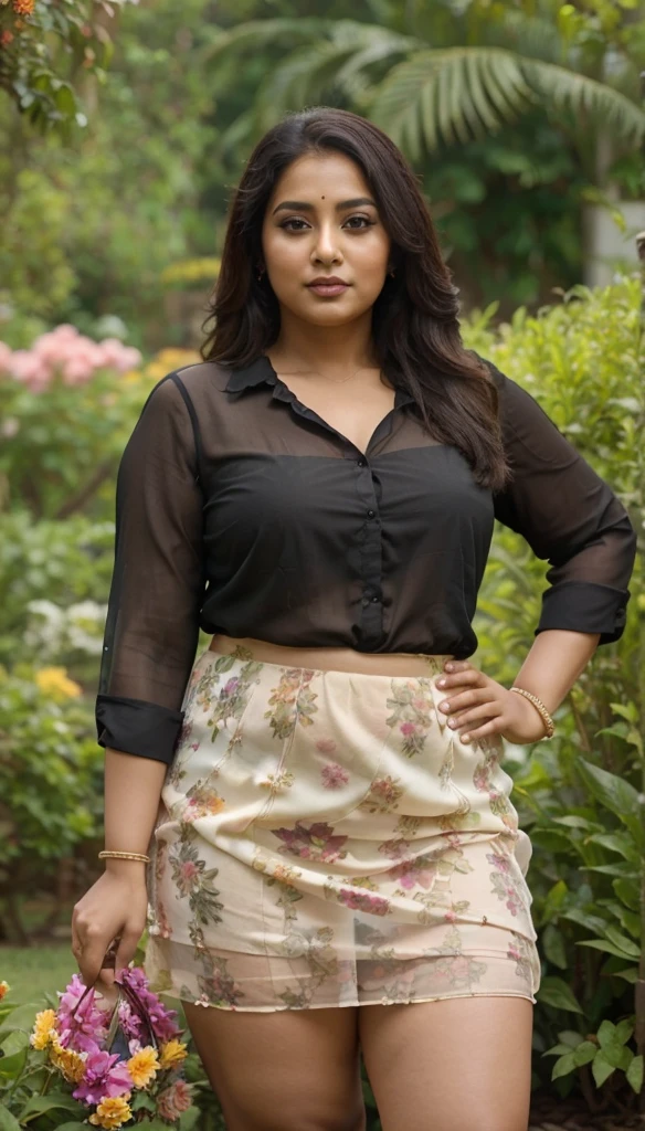 Day scene, A radiant, full-figured South Indian 35 year old aunty a cream colour chiffon mini skirt and black chiffon shirt, standing, in a garden captured in a full-body image with vibrant hues and meticulous details. Full body image
