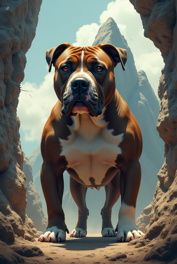 Photo of an American Bully dog with a palette of 4 colors, with a rock design, make it look realistic, with broken glass details, bottomless