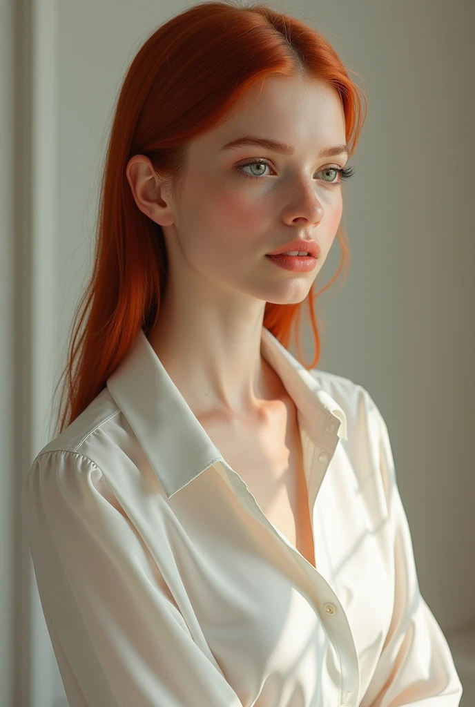 "Realistic portrait of a young woman with straight red hair, combed back with bare forehead. She is wearing an elegant white blouse that highlights her slim figure.. It is in a minimalist interior environment, with soft natural light illuminating her face. His expression is calm and thoughtful., looking slightly to one side, highlighting her impeccable hairstyle and the serenity of the scene.