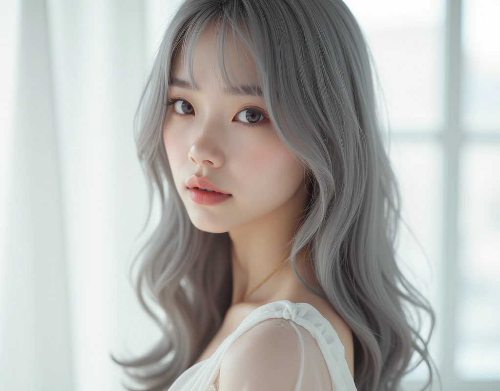 highly detailed, beautiful, hyper Realistic girl, masterpiece, best quality, multiple portraits of the same character, featuring a variety of diverse rendering grids.

This easily modifiable structure can adapt to any character.  Japanese sexy gravure woman, 28 years old, identity hidden, long gray hair, alabaster skin and violet eyes in the style of chic photography, split into multiple different images shot from various angles, different expressions, against a white background, Kodak Portra 160