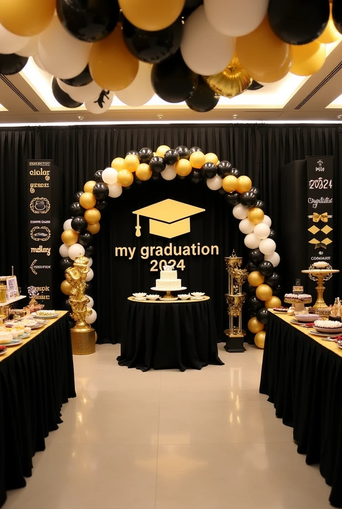 party room to celebrate the themed graduation of a medical doctor, with a black background fabric that has a design of a gold graduation cap in the center and below the design, is the word My Graduation and below the year 2024, to the side an arch of balloons in black, gold and white, in front a dessert table with various types of sweets and a cake in the center, on the sides of the main table, a tower of balloons in black, gold and white and at the top hang on both sides some welcome door banners with a black background, which say in white and gold letters 2024 and a folded diploma at the top and the other says Congratulations with a gold graduation cap at the top top, next to this table, place a table with a white tablecloth and its food warmers for the buffet, in the rest of the room place 6 large tables, some with black, white and gold tablecloths, 60 chairs, 10 for each table , each table with its centerpiece made of 7 balloons tied to a plastic support base of individual tubes and 2 black balloons and 3 gold balloons, and 2 transparent balloons with gold confetti inside the balloon, each centerpiece around the balloons It has a strip of yellow LED lights, on the ceiling it places white, black and gold balloons with various graduation designs and with gold, black and white ribbons hanging down and all the balloons glued to the ceiling.
