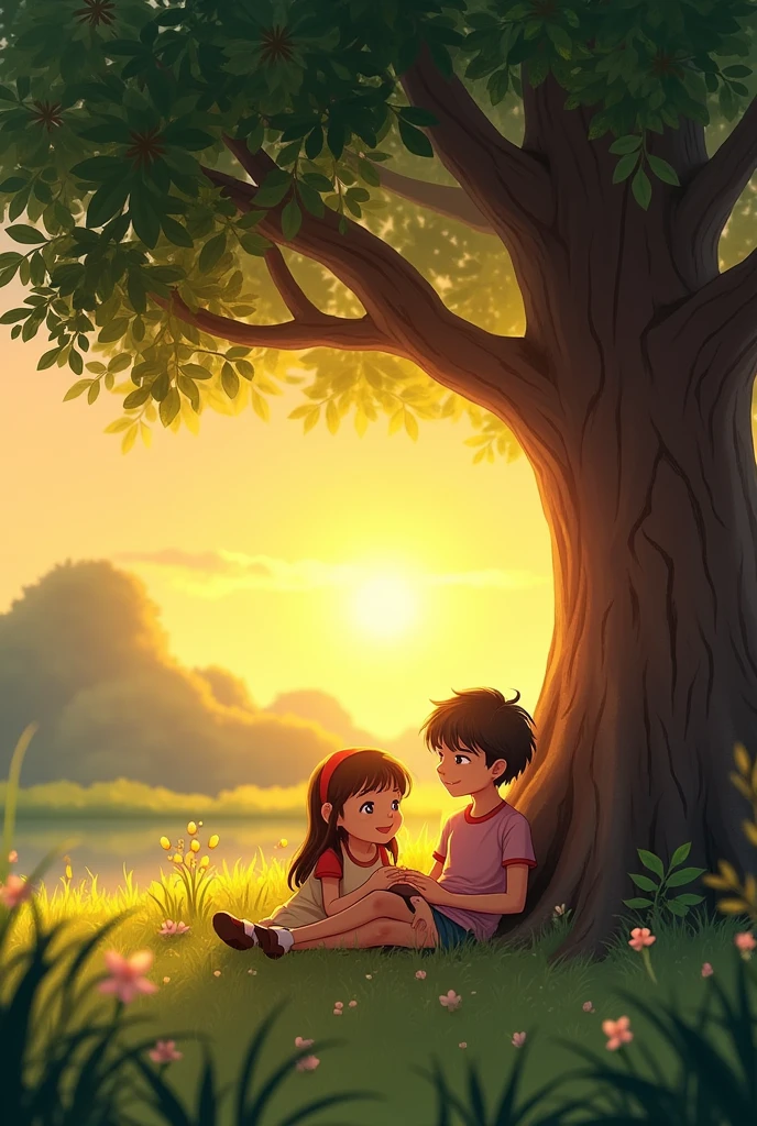 Two young friends playing.sun was set.one children was sitting under the tree.