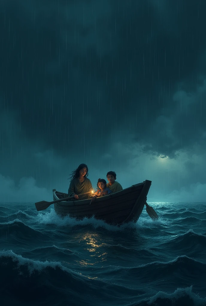 a family with bobbed board , middle ocean, night rain