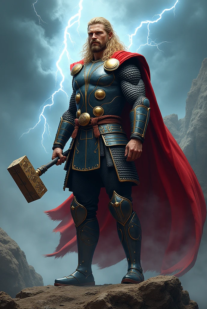 Thor in samurai armor, blonde, hammer, red cape, lightning