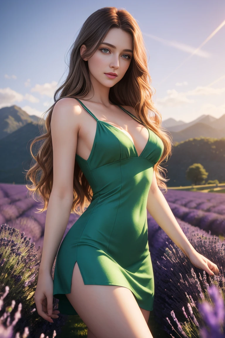 Masterpiece, Young Beautiful Girl has long hazel hair and green eyes, 1girl, AS-Adult, long-haired, hazel hair, small-breasts. Green eyes, wavy-hair, no bangs, symmetrical face. She wears a purple short dress. Beautiful legs. (Best Illustration), (beautiful-detailed eyes), (Best Quality Face, Fingers), Symmetrical, smooth, sharp focus, illustration, realistic, artstation, award winning photography, octane render, cinematic lighting from the right, hyper realism, octane render, 8k, depth of field, 3D. She looks at the viewer. Full figure. Background mountains. She is into a lavender field.