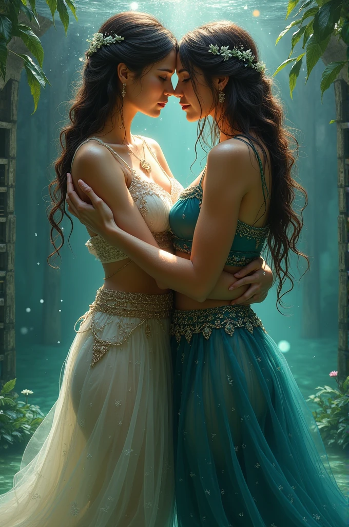 two girl , see her ass,(bright lighting,romantic setting),dreamy background,,dark hair, mesmerizing gaze, , soft skin, alluring beauty, artistic portrait, high-quality image, vibrant colors,translucent long silk gown, mosquito net,