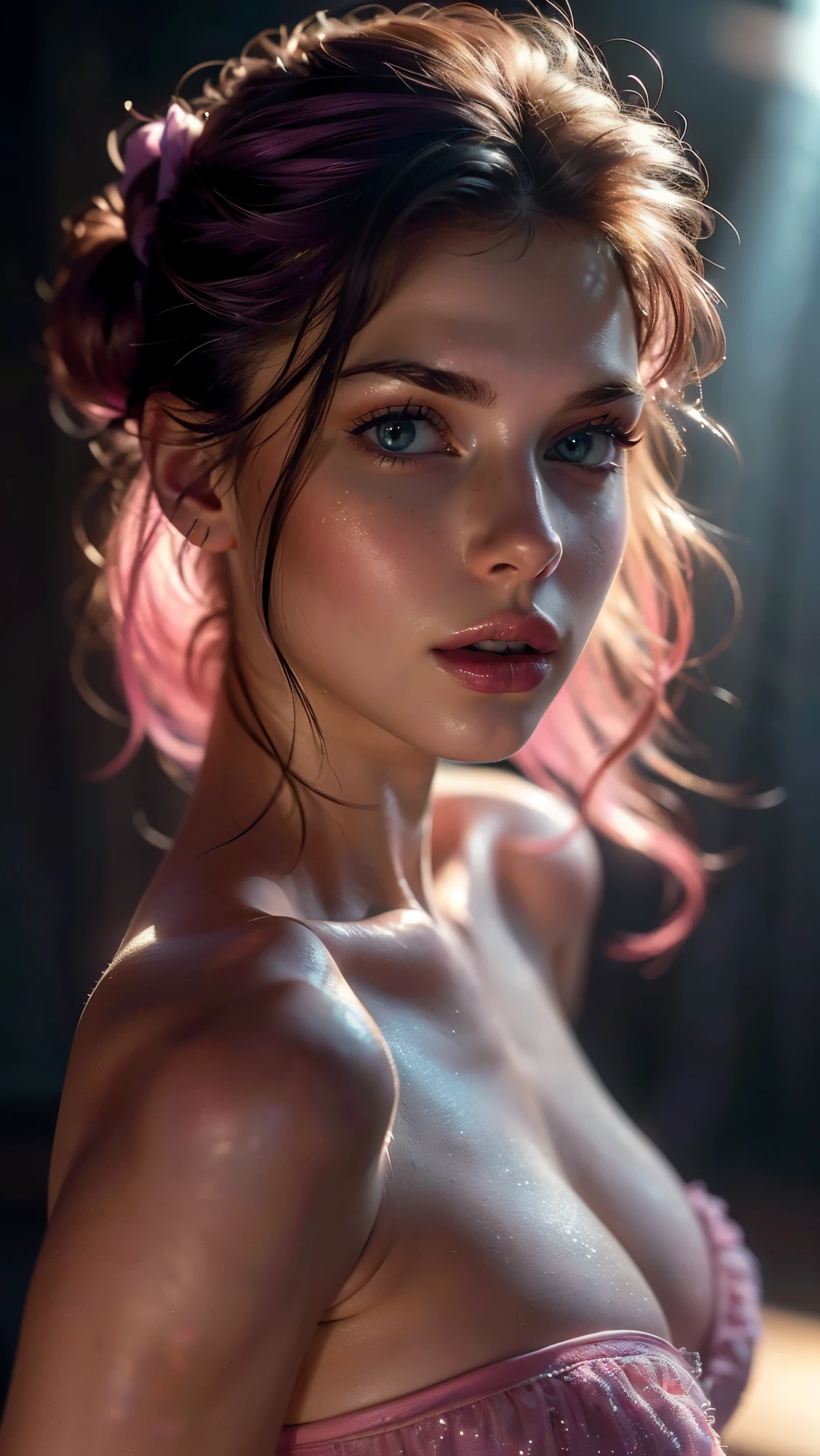 (((ultra realistic))) Photo, masterpiece, top quality, (pale skin), (Ultra detailed face and eyes:1.3), 1 girl, Adult, in a dress, ((Eye makeup, pink mascara)), ((very large detailed lips)), ((Pink волнистые волосы)), ((Stylish hairstyle)) , (Natural breasts), (Slim waist). ((Posing, hands on breast)), photoshoot, (Soft)Lighting, (The play of light and shadows), depth of field, bokeh, (special attention to skin detail: 1.2), Detailed leather texture, skin pores. (Cool atmosphere of the frame. color scheme - black, purple, Pink, Tons), UDR, ((Film grain)), ((rays)), (Glare), ((waist up portrait)) , ultra detialed,