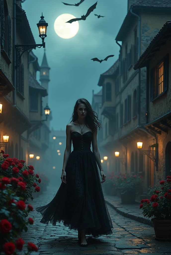 gothic art, dark fantasy art, a picture of a woman walking in a gothic style street at night, medieval street (1.4 intricate details, Masterpiece, best quality) at night (1.4 intricate details, Masterpiece, best quality), several buildings (1.4 intricate details, Masterpiece, best quality), red roses, beautiful woman (1.4 best details, gothic art, Masterpiece, best quality) Ultra Detailed Face (1.4 intricate details, gothic art, Masterpiece, best quality)woman walks in the [[street]] wearing dress (1.4 intricate details, Highly detailed Masterpiece, best quality) Ultra Detailed Face (1.4 intricate details, fantasy art, Masterpiece, best quality) bats flying in the background, dynamic angle, affraid, gothic atmposphere, moon light, wide angle, ultra wide angle, (8k, Photorealistic, Best Quality: 1.4)