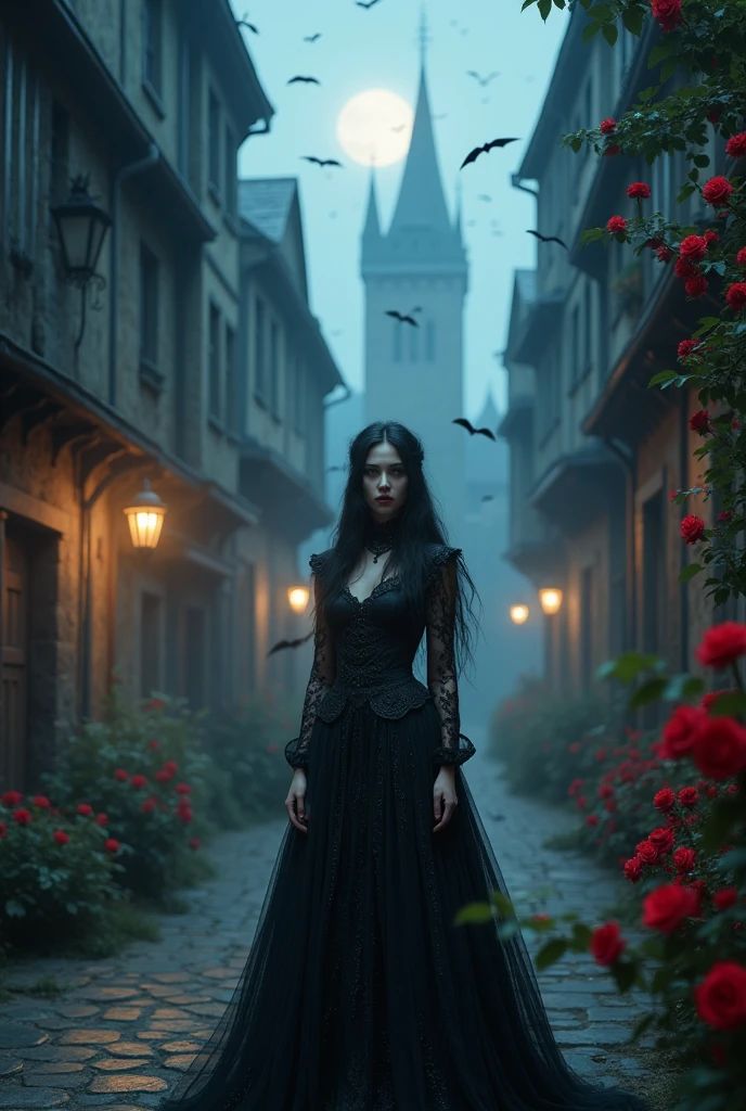 gothic art, dark fantasy art, a picture of a woman walking in a gothic style street at night, medieval street (1.4 intricate details, Masterpiece, best quality) at night (1.4 intricate details, Masterpiece, best quality), several buildings (1.4 intricate details, Masterpiece, best quality), red roses, beautiful woman (1.4 best details, gothic art, Masterpiece, best quality) Ultra Detailed Face (1.4 intricate details, gothic art, Masterpiece, best quality)woman walks in the [[street]] wearing dress (1.4 intricate details, Highly detailed Masterpiece, best quality) Ultra Detailed Face (1.4 intricate details, fantasy art, Masterpiece, best quality) bats flying in the background, dynamic angle, affraid, gothic atmposphere, moon light, wide angle, ultra wide angle, (8k, Photorealistic, Best Quality: 1.4)