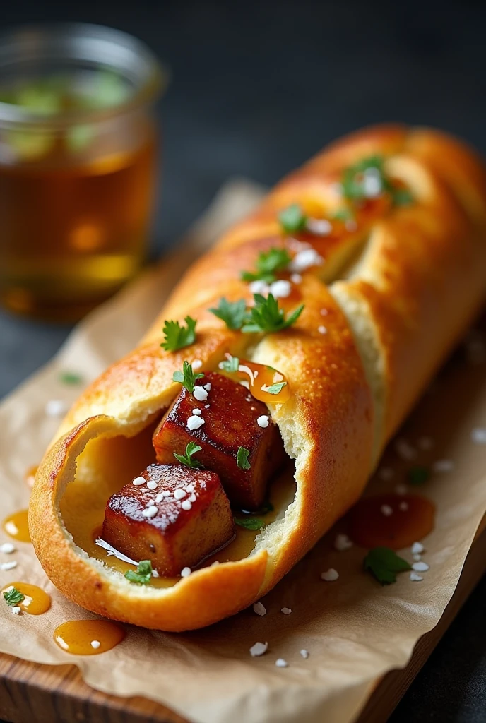 Fire-toasted baguette-type bread snack, with meat skewer filling with vinaigrette.