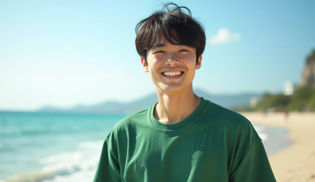 A male Japanese college student wearing green clothes is standing on the beach with a bright expression,Excited, Photo of your face, At the beach, with a natural look, With a slightly tired look, tilt your face a little, Diagonal orientation, Average face