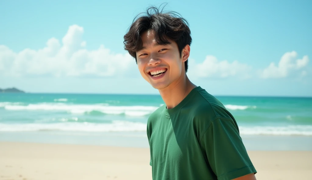 A male Japanese college student wearing green clothes is standing on the beach with a bright expression,Excited, Photo of your face, At the beach, with a natural look, With a slightly tired look, tilt your face a little, Diagonal orientation, Average face