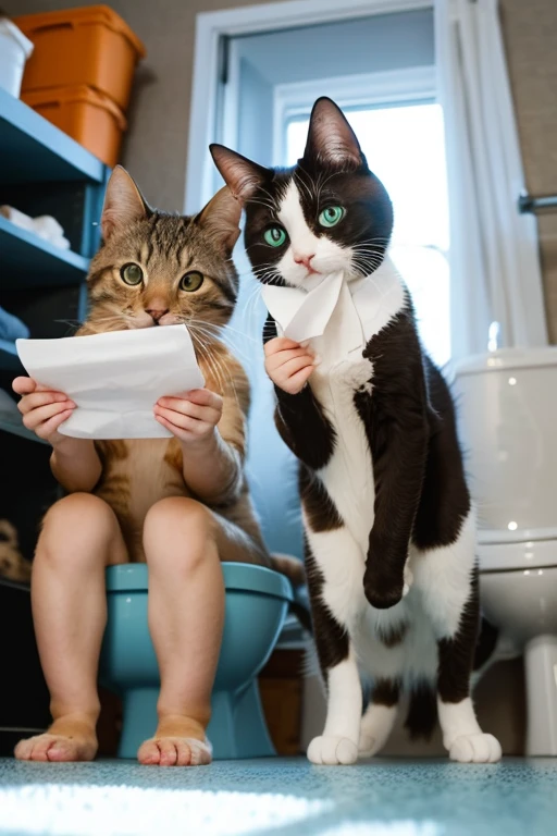 2There are cats.Having fun playing with toilet paper.