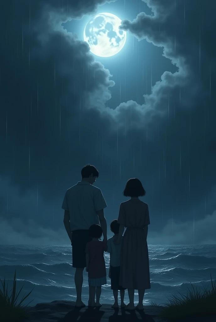 a family with straight bobbed board , middle ocean, night rain