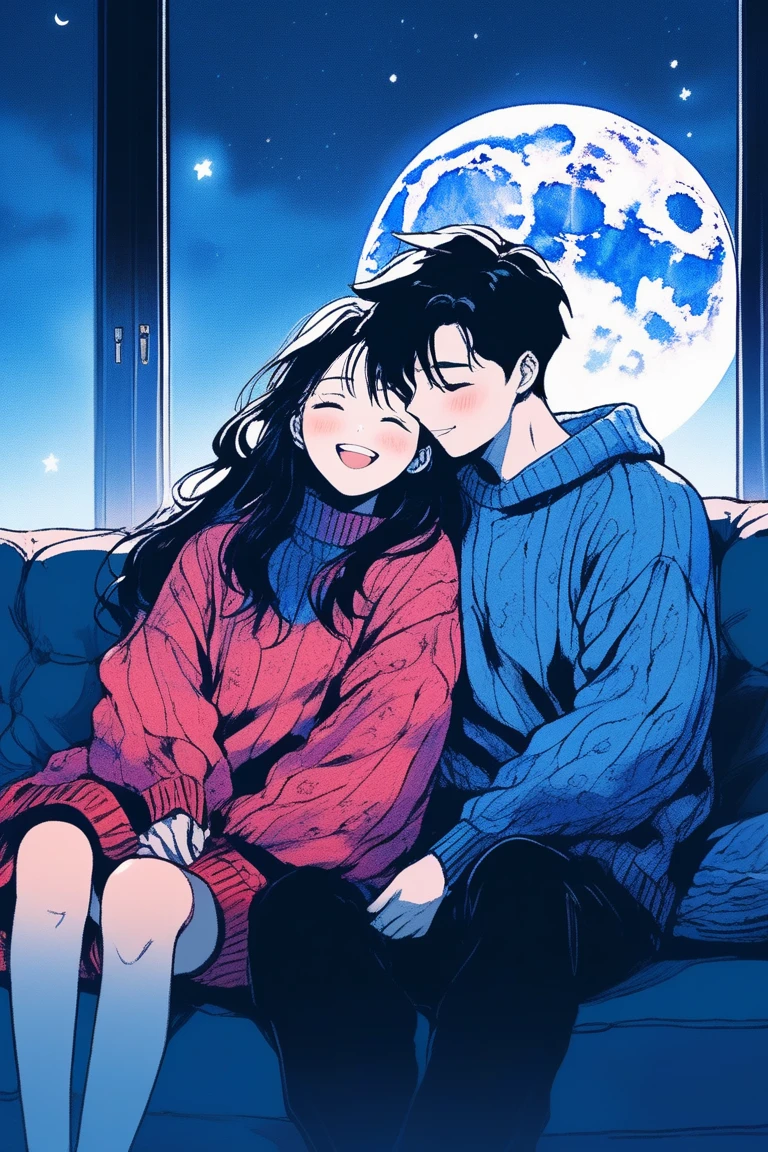(Highest quality, sketch:1.2),(Highest quality:0.8), (Highest quality:0.8), Perfect illustration((masterpiece, Highest quality)), Illustrator, anime , Realistic ,sketch , 1 person, ,lip, sweater,order, Blue gradient background, , Wearing loungewear., A sofa in the room, Outside the window is the moon, Charming character, Colorful room scenery, Crimson and amber, Neon Black, Soft lighting, night, nighttime, Realistic, Hard Shadows, masterpiece, Highest quality, complicated, , Vintage, Film Grain、Clear eyes and contours、Couple laughing with eyes closed、men and women、仲のいいmen and women、A good couple、Two people smiling at each other、Emotional、Old Film、Nostalgia