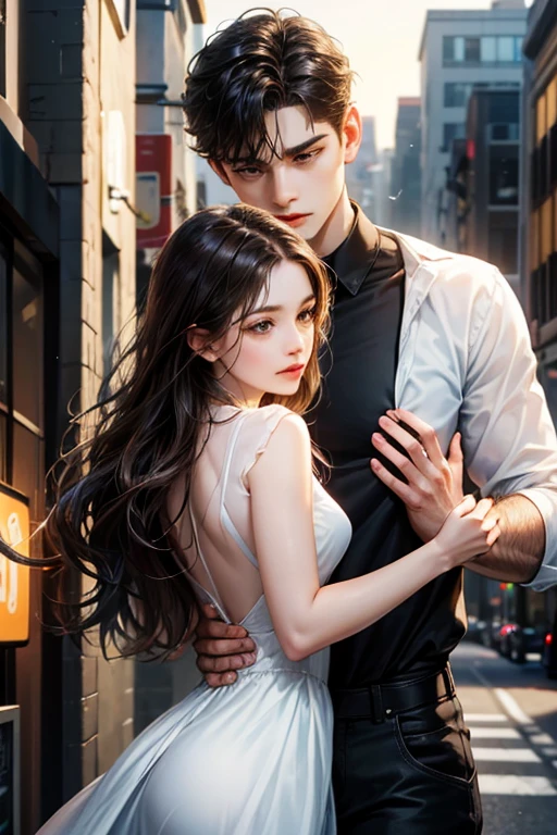 couple. 1 girl 1 boy. a boy wearing a black shirt, short black hair, (black eyes), hugging a woman from behind. woman wearing a white dress, long wavy brown hair (brown eyes) , body, they huge. Background city light.