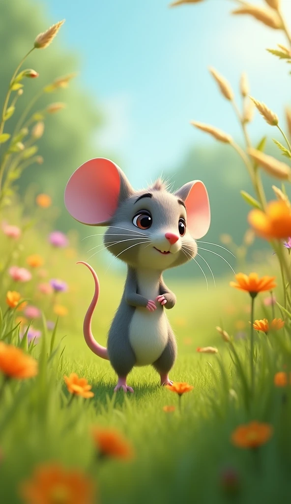 Cartoon anime 3D characters of A tiny gray mouse with bright, curious eyes stands on her hind legs in a lush green meadow, her nose twitching as she spots something in the distance. The meadow is dotted with colorful flowers and tall grasses swaying gently in the breeze.