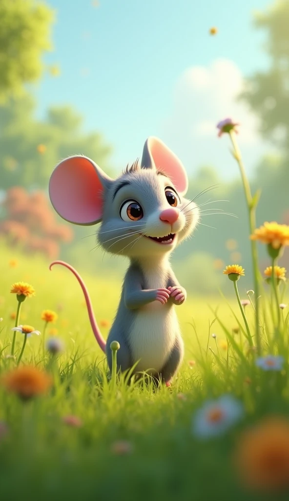 Cartoon anime 3D characters of A tiny gray mouse with bright, curious eyes stands on her hind legs in a lush green meadow, her nose twitching as she spots something in the distance. The meadow is dotted with colorful flowers and tall grasses swaying gently in the breeze.