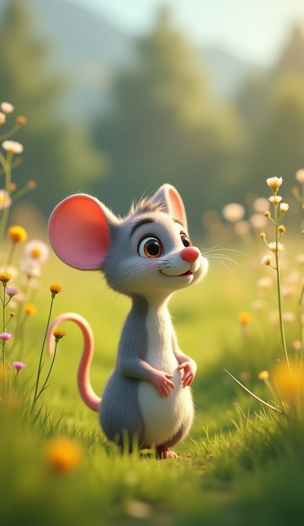 Cartoon anime 3D characters of A tiny gray mouse with bright, curious eyes stands on her hind legs in a lush green meadow, her nose twitching as she spots something in the distance. The meadow is dotted with colorful flowers and tall grasses swaying gently in the breeze.