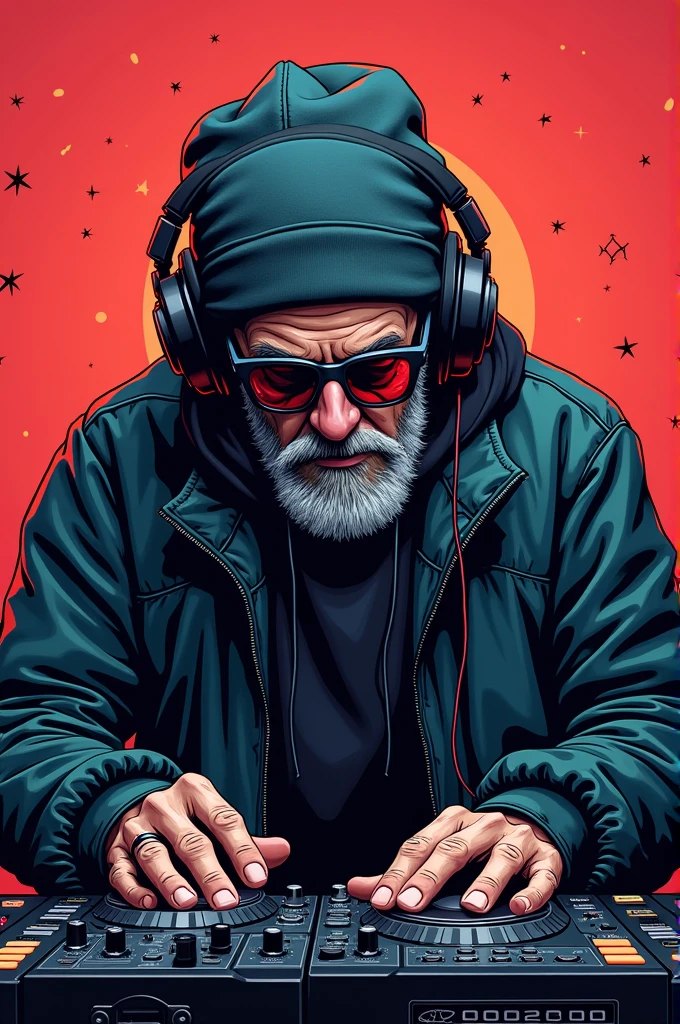 Older DJ, Headphones, tao, Techno, comic style
