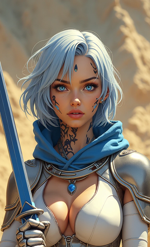 Captured from a low-angle perspective, a female warrior is depicted in a close-up shot. She is dressed in a metallic outfit, adorned with a blue hoodie and silver gloves. Her hair is styled in a short bob, adding a pop of color to her face. Her eyes are a piercing blue, and her lips are a darker pink. Her skin is covered in a pattern of black and white, while her hair is a light blue. She has a tattoo on her chest. Her left hand is raised, and she is holding a blue sword in her right hand. The background is blurred, suggesting a natural setting.