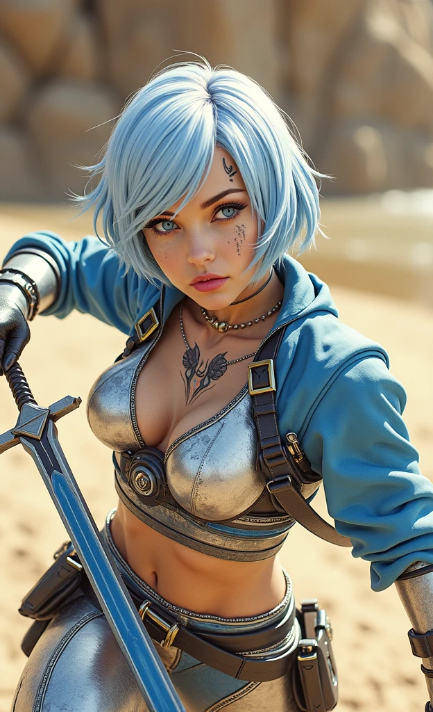 Captured from a low-angle perspective, a female warrior is depicted in a close-up shot. She is dressed in a metallic outfit, adorned with a blue hoodie and silver gloves. Her hair is styled in a short bob, adding a pop of color to her face. Her eyes are a piercing blue, and her lips are a darker pink. Her skin is covered in a pattern of black and white, while her hair is a light blue. She has a tattoo on her chest. Her left hand is raised, and she is holding a blue sword in her right hand. The background is blurred, suggesting a natural setting.