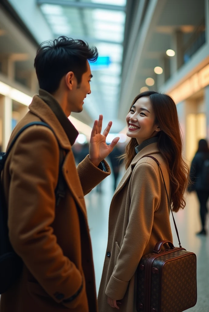 Tanned japanese handsome tall man and a beautiful tanned japanese woman, both wearing warm winter outfit in soft colors, the woman's hair is long wavy loose, highlighted brown. the man waved at the woman who was standing on the elevator with her LV suitcase in paris airport, she also waved at the man with a big smile. The photo is taken from behind the man's shoulder, focused on the woman. wide shot of airport, Over-the-shoulder shots, ultimate photorealistic.