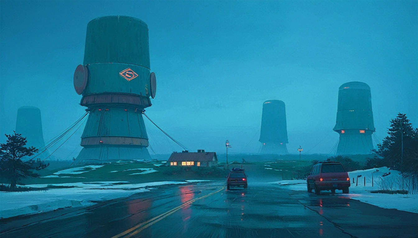 (lora:21Stalenhag:1),(masterpiece), (best quality), (ultra-detailed), (best illustration), (best shadow), (absurdres),((draw by Simon Stlenhag)), ((draw by Simon Stlenhag)), Simon Stlenhag style,SIMON STÅLENHAG, A rainy, dystopian cityscape viewed through a window with raindrops. In the distance, towering, futuristic advertising towers dominate the skyline, each covered in massive digital billboards displaying various logos, brands, and characters. The sky is a muted teal, casting a surreal atmosphere over the scene. The towers are interconnected by numerous thin cables, and below them, a sea of small suburban houses stretches out. The overall mood is one of futuristic, corporate domination over a residential area, A rainy evening scene on a highway, where cars drive toward a massive, futuristic tower in the distance. The view is through a windshield speckled with raindrops, creating a blurred, reflective effect. The tower is illuminated with red lights that glow ominously in the misty blue-green atmosphere. Thin cables extend from the tower into the foggy sky, adding to the sense of scale and mystery. The wet road reflects the tower's lights, emphasizing the moody and sligh A calm winter scene in a suburban neighborhood covered in snow. Above the houses, massive futuristic airships with glowing lights hover silently, casting a blue-green hue across the evening sky. A person dressed in warm clothing stands in the snow, holding packages, and gazing up at the airships in awe. The street is quiet, with footsteps visible in the snow leading to the houses, one of which has lights on, indicating warmth inside, A serene, dystopian landscape at dusk, featuring a vast, open field leading to a dark forest. In the background, towering, futuristic buildings with complex, stacked structures rise above the trees, glowing with blue and warm lights. A lone SUV drives on a narrow dirt road towards the forest, creating a sense of isolation. The sky is overcast with a cold, bluish hue