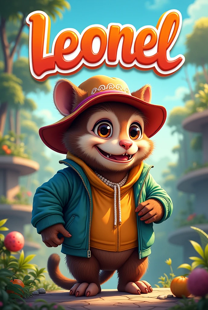 Create a flipbook cover Add Leonel's name to the cover at the top center of the title.
adding a domestic or jungle animal that is animated with clothes but is not fictional and is colorful.
