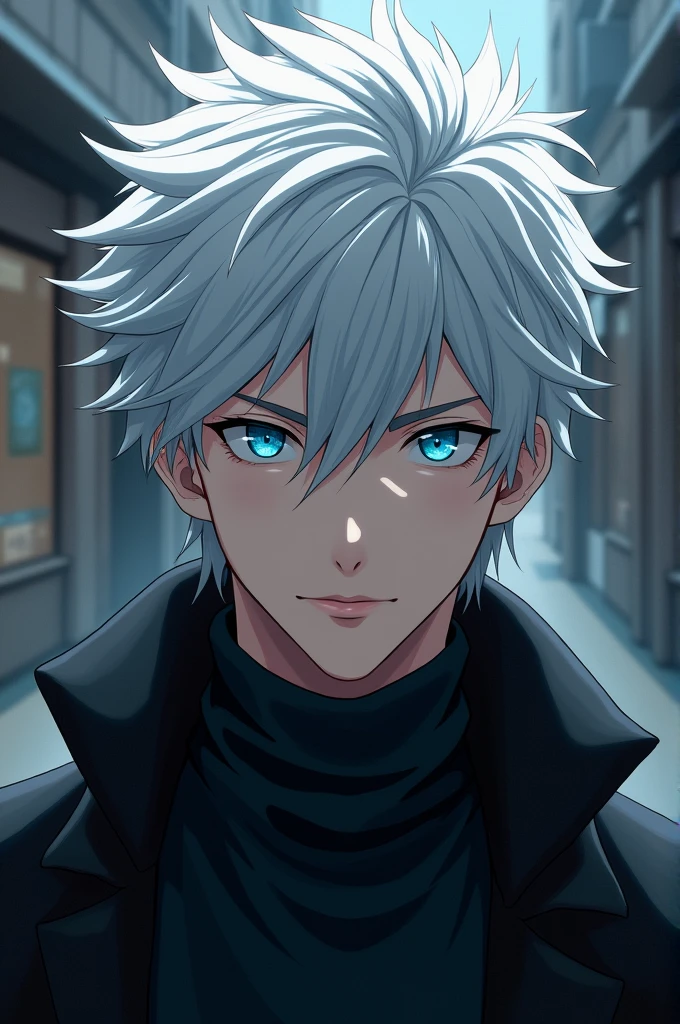 "Create a realistic portrait of a tall, lean man in his mid-20s with striking white hair styled messily, focusing on his face but not too close—showing him from the shoulders up. His vivid blue eyes are fully visible, exuding confidence and a playful yet intense gaze. He has a slight smirk on his lips, adding to his charismatic and mysterious aura. The background is a subtle urban environment with soft, moody lighting that highlights his sharp features. He is wearing a high-collared black jacket, which complements his overall enigmatic and powerful presence. He should be same as Gojo Satoru from jujutsu Kaisen 