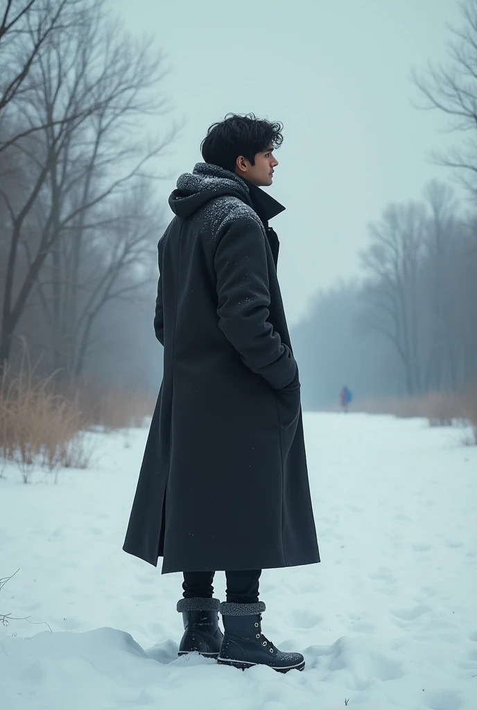 Back view of A 20 yr old Indian man with black hair wearing winter long black coat and cloth around his neck with black pants and winter boots standing and looking into the winter fall Infront of him