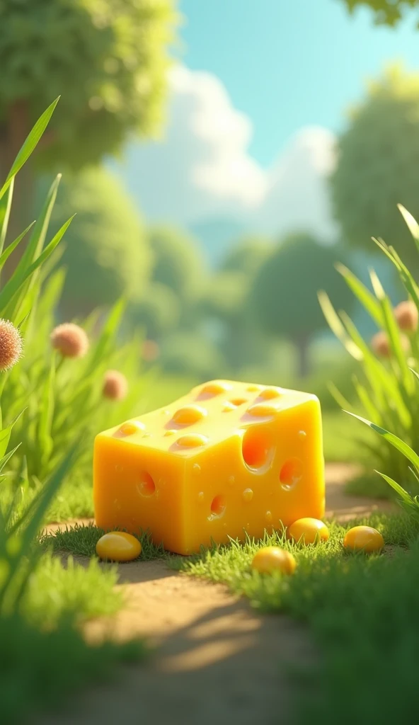 Cartoon anime 3D characters of A close-up of a golden, shiny piece of cheese sitting in a small clearing surrounded by tall grass. The cheese looks delicious and tempting, with the sunlight making it gleam.