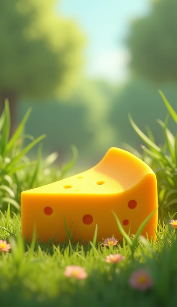 Cartoon anime 3D characters of A close-up of a golden, shiny piece of cheese sitting in a small clearing surrounded by tall grass. The cheese looks delicious and tempting, with the sunlight making it gleam.