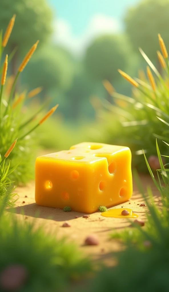 Cartoon anime 3D characters of A close-up of a golden, shiny piece of cheese sitting in a small clearing surrounded by tall grass. The cheese looks delicious and tempting, with the sunlight making it gleam.