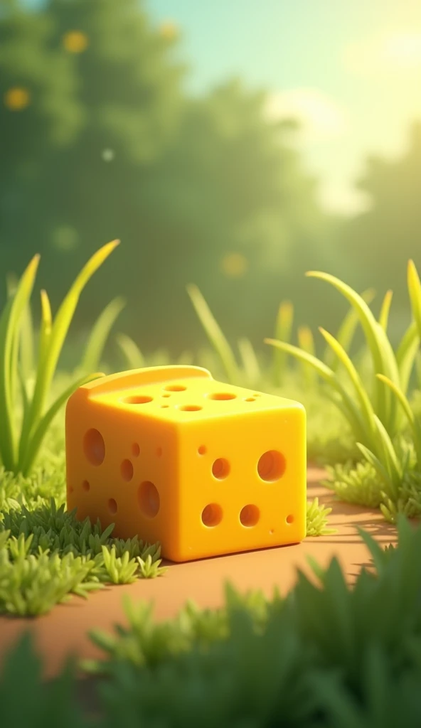 Cartoon anime 3D characters of A close-up of a golden, shiny piece of cheese sitting in a small clearing surrounded by tall grass. The cheese looks delicious and tempting, with the sunlight making it gleam.