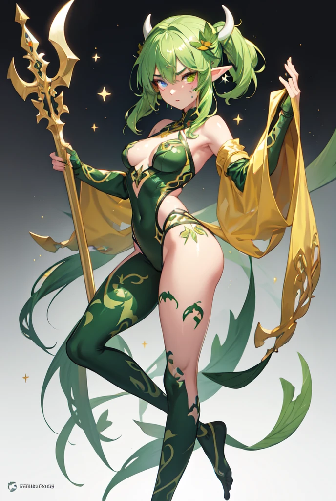 young plant girl, wielding twin daggers, elven ears, tanned skin tone, serious glare, ponytails, leaf green hair, Heterochromia with deep green & Gold eyes, b-cup, lithe, fit, tribal attire, full-body, slender legs, footless tights with leafy design, beautiful eyes, star birthmark on cheek, freckled, leaf green eyebrows, leaf green eyelashes, Cute butt, blank background, celestial Demon horns