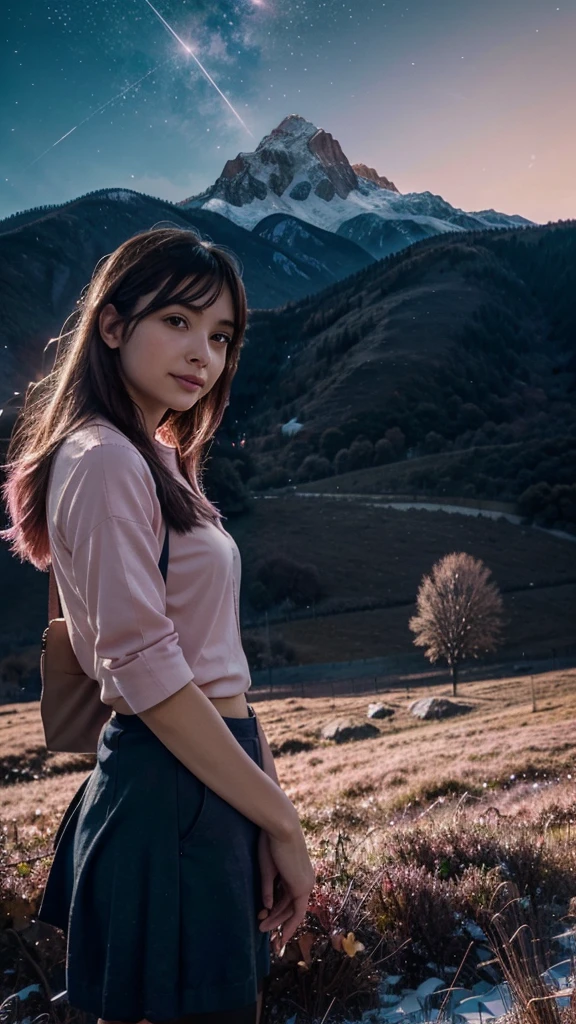 4k quality viral anime in the afternoon, in a wide meadow, there are lots of stars in the sky, the pink sky creates a pink effect on the thin clouds surrounding the falling comets, there is 1 big comet in the middle of the blue and pink fiery sky like anime kimi no nawa, bright ultra wide landscape, there are several comets that are about to fall, there is a man and a woman in the middle who look so far away that they both look small, the effect of the wind blowing away some details such as fallen leaves to make it look beautiful, in front of people there is a mountain with a snowy peak, along with the effect of sparkling light reflections, the atmosphere looks happy, romantic and very amazing