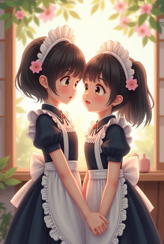 A white-skinned Asian boy and a white-skinned Asian girl both wearing maid outfits