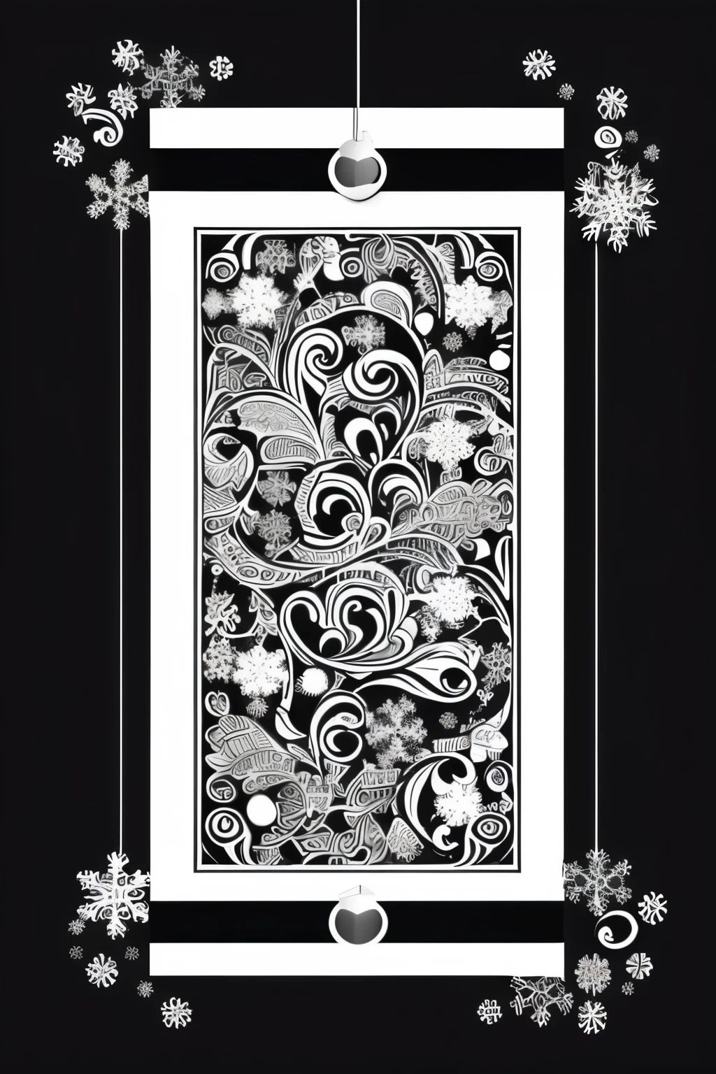 Particular design that utilizes the colors black and white, black should be used for outlines and white for the background, the elements should include some Christmas decors that inter-laps with each other