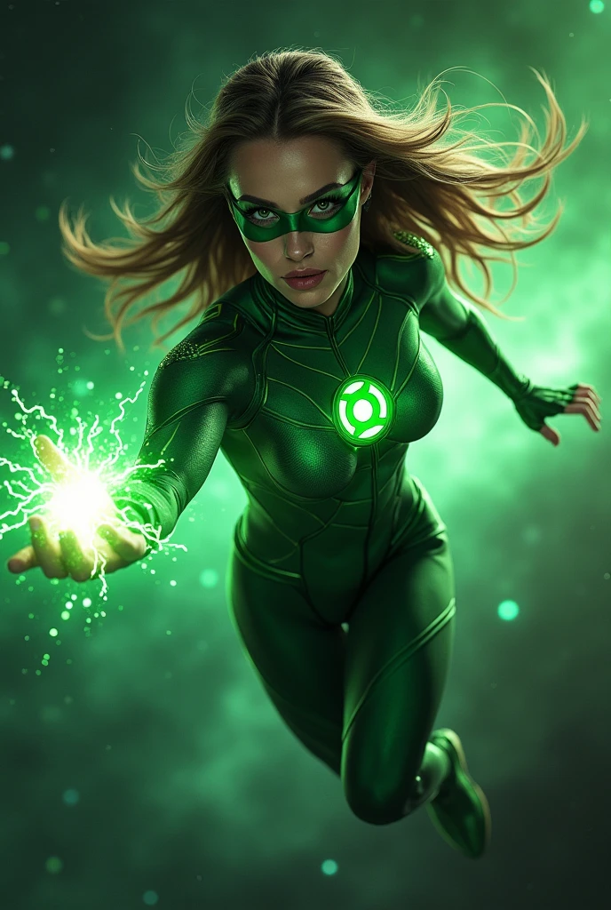 Spiderlantern green beautiful woman,with mask ,flying in space, with his power ring shining,perfect body, beautiful eyes