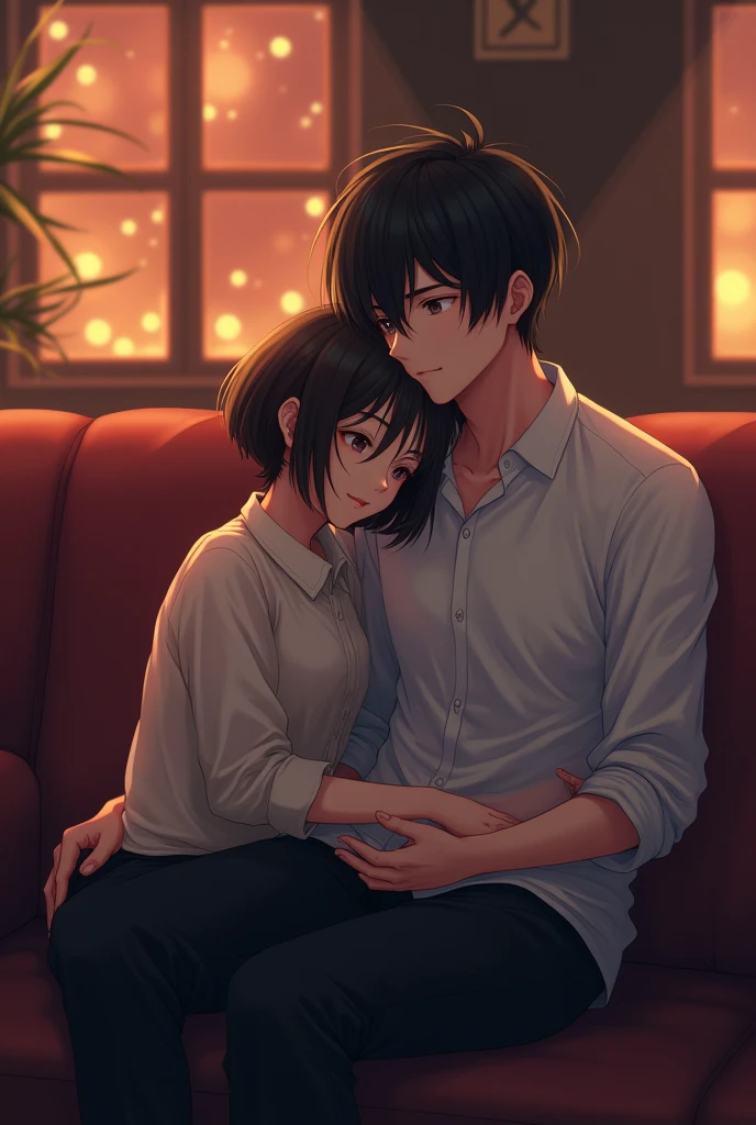 (photoanime:1.2), girl, guy , restraunt, same sofa, boy wearing white button down and black pant, girl short hair, girl laying on guys lap, seeing in his eyes , from down angle girls point of view