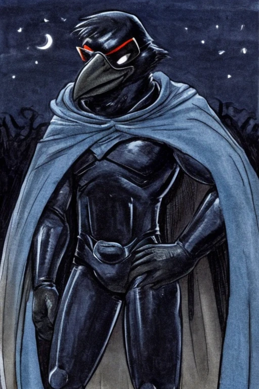 Anthropomorphic crow, wearing a mask, wearing protective glasses, wearing a black superhero costume, wearing cape, at night