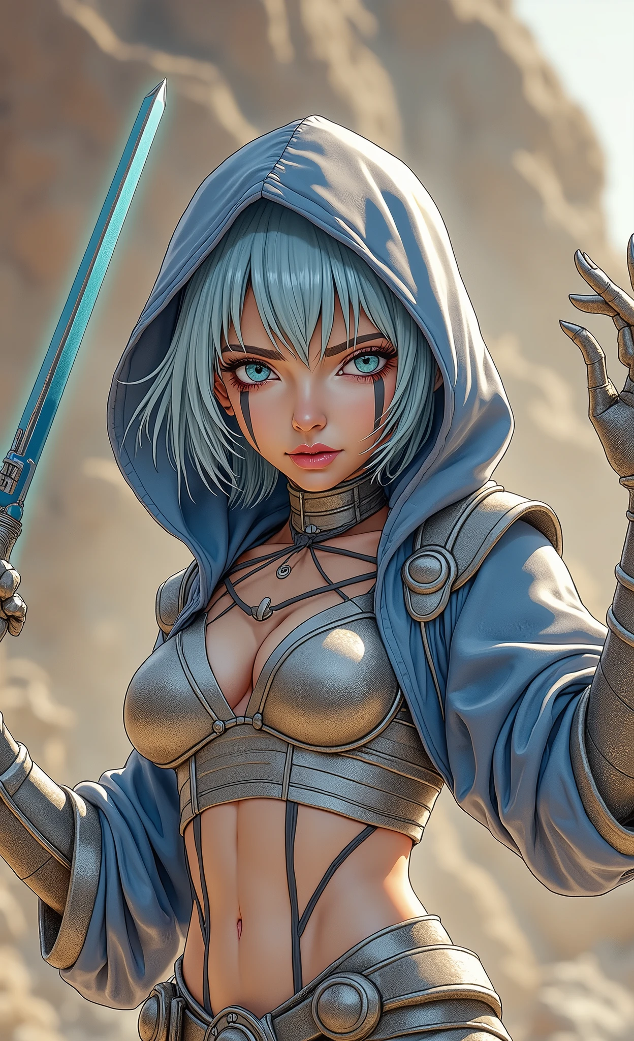 Captured from a low-angle perspective, a female warrior is depicted in a close-up shot. She is dressed in a metallic outfit, adorned with a blue hoodie and silver gloves. Her hair is styled in a short bob, adding a pop of color to her face. Her eyes are a piercing blue, and her lips are a darker pink. Her skin is covered in a pattern of black and white, while her hair is a light blue. She has a tattoo on her chest. Her left hand is raised, and she is holding a blue sword in her right hand. The background is blurred, suggesting a natural setting.
