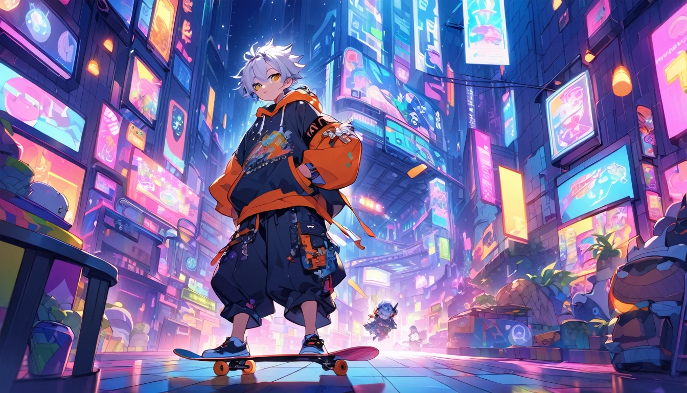 "In a vibrant place、Create a cartoon illustration of a young man doing amazing tricks on a skateboard。, Neon-lit urban environment. Characters need spiky hair, Wearing stylish clothing, including a hoodie, Baggy pants, Accessories such as goggles and armbands. Skateboards are colorful, Eye-catching design. Draw a bright cityscape in the background, Colorful lights and signs, Gives vitality and energy."、White Hair、